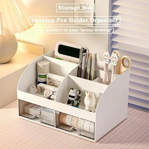 COMFYROOM Desk Organizer with 6 Compartments and 2 Drawers, Plastic Makeup Organizer, Pen Holder for Desktop Storage, Desk Organization for School
