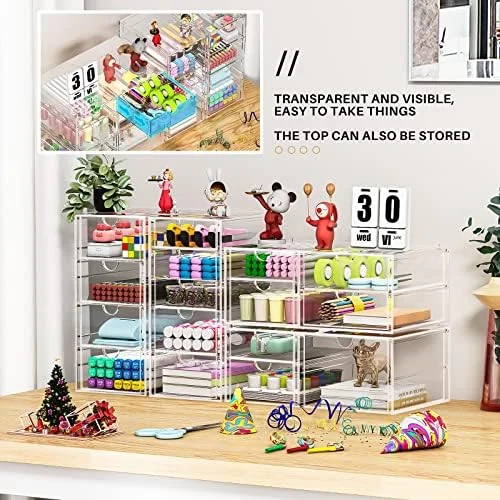 caktraie Makeup Organizer Storage With 16 Drawers - 4 Pcs Desktop Office Supplies, Desk Organizers, Clear Accessories, Dustproof Storage Drawer and