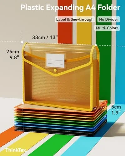 ThinkTex Plastic Expanding File Folder - Transparent Envelopes with Snap Closure, No Dividers, Large Capacity, Assorted Colors, Fits Letter, A4 Size