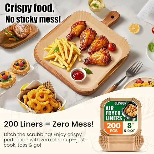 OLESBUR Air Fryer Liners Disposable, 200Pcs 8 Inch Airfryer Paper Liners, Unbleached Parchment Paper for Air Fryer Basket, Non-Stick Air Fryer