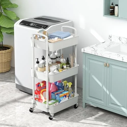 Sywhitta 3-Tier Plastic Rolling Utility Cart with Handle - Multi-Functional Storage Trolley for Office, Living Room, Kitchen, Movable Storage