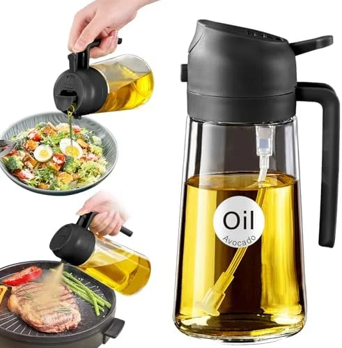 YARRAMATE 16oz/470ml Glass Olive Oil Sprayer for Cooking with Stickers, 2 in 1 Oil Dispenser for Kitchen Gadgets, Food Grade Premium Spray Bottle