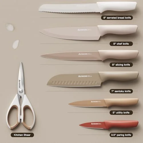 Astercook Knife Set, 13 Pieces Kitchen Knives Set with Healthy Anti-Rust Coating, Dishwasher Safe, Stainless Steel Chef Knife Sets with 6 Blade