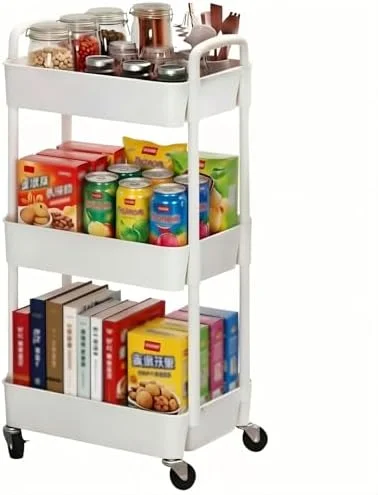 Sywhitta 3-Tier Plastic Rolling Utility Cart with Handle - Multi-Functional Storage Trolley for Office, Living Room, Kitchen, Movable Storage