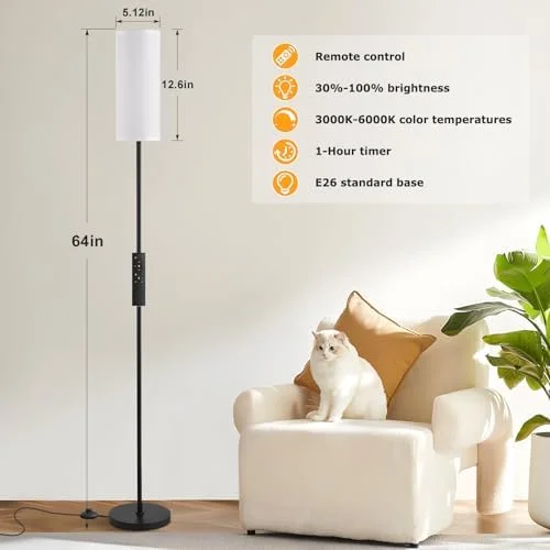Ambimall Floor Lamps for Living Room, 64" Modern Floor Lamp with Remote Control and Stepless Dimmable Colors Temperature & Brightness, Standing Lamps