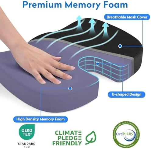 CushZone Seat Cushion - Memory Foam Office Chair Cushion for Sciatica - Tailbone & Back Pain Relief - Orthopedic Coccyx Pillow for Car, Airplane