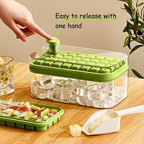 Ice Cube Tray with Lid and Bin - 2 Pack Ice Cube Trays for Freezer, 64 Pcs Ice Cube Mold, Press Button Easy Release Ice Tray, Small Ice Cubes Maker