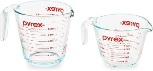 Pyrex Essentials (2-Pack) Glass Measuring Cups Set - (1 & 2 Cup) Measuring Cups For Prepping, Baking and Cooking, Preheated Oven, Dishwasher, Freezer