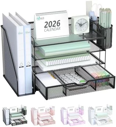 WALI Desk File Organizer, 4 Tier Desktop Paper Letter Tray Organizer with Drawer and 2 Pen Holders, Office Desk Accessories & Workspace Organizers