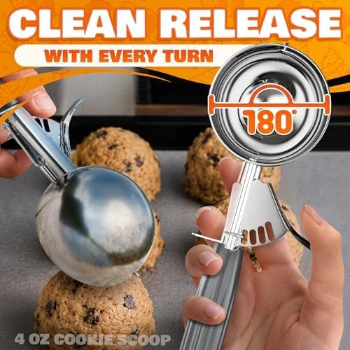 4 oz Large Ice Cream Scoop with Trigger Release #8 - Stainless Steel Cookie Scoop for Baking, Ice Cream & Cookie Dough, Comfort Grip Handle, Easy