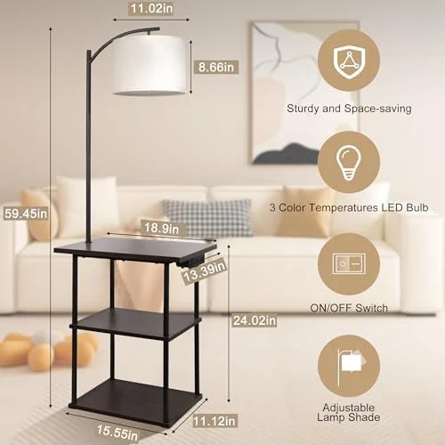 PESRAE Floor Lamp with Table, End Tables with Charging Station(USB & Type-C & AC Port), 3 Color Temperatures 9W LED Bulb, Modern Shelves Side Table