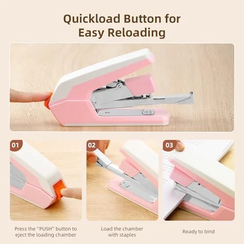 Deli Effortless Desktop Stapler - Heavy Duty Stapler, 40-50 Sheet Capacity, One Finger, No Effort, Includes 1500 Staples & Staple Remover, Pink