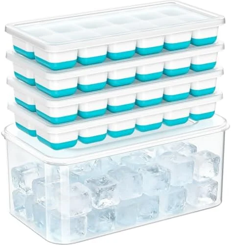 NFK Ice Cube Tray with Lid & Bin - 4 Pack 48 Cubes Stackable Silicone Trays for Freezer with Storage Container, Leak-Proof Lids, BPA-Free, Easy