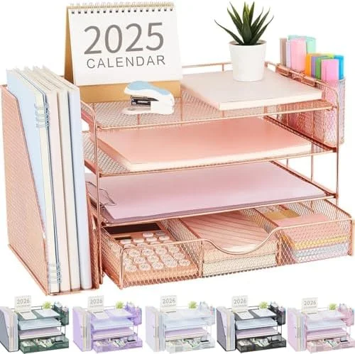 gianotter Desk Organizers and Accessories with File Holder, 4-Tier Desk Accessories & Workspace Organizers with Drawer and 2 Pen Holder, Paper