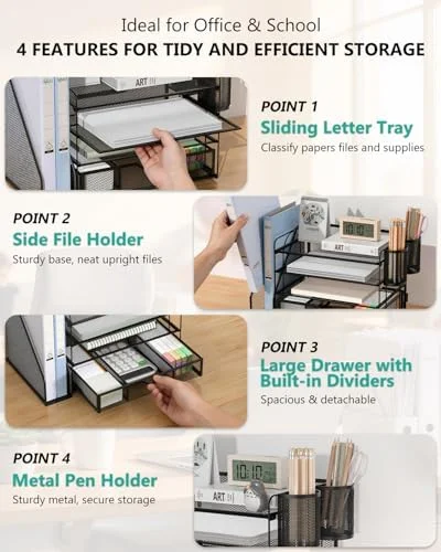 WALI Desk File Organizer, 4 Tier Desktop Paper Letter Tray Organizer with Drawer and 2 Pen Holders, Office Desk Accessories & Workspace Organizers