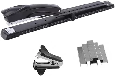 Long Reach Stapler, with 2000 Staples & Stapler Remover Full Strip，20-25 Sheet Capacity, with Built-in Ruler and Adjustable Locking Paper Guide, Black