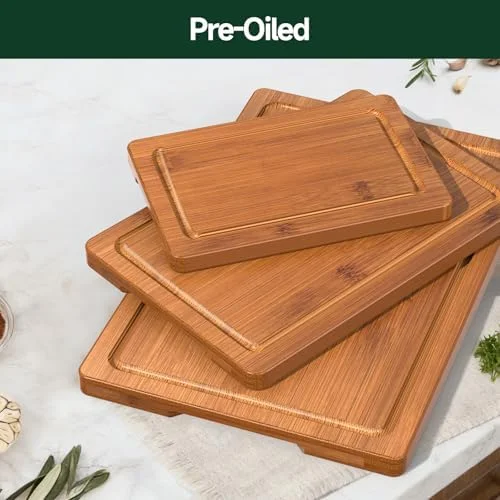 3-Piece Set Bamboo Cutting Board for Kitchen - Crack-Resistant Wood Chopping Boards with Deep Juice Grooves, Pre-Oiled Butcher Block for Meat