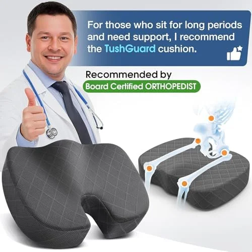TushGuard Seat Cushion - Memory Foam Cushion for Office Chair - Car Seat, Airplane, Bleacher - Sciatica & Hip & Coccyx Pain Relief Desk Chair Cushion