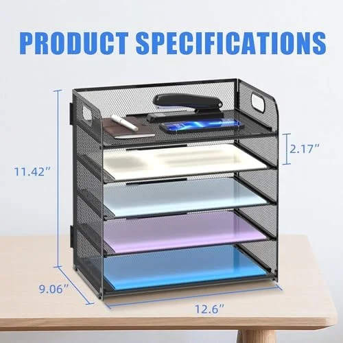 Supeasy 5 Trays Paper Organizer Letter Tray with Handle-Mesh Desk File Holders, Paper Sorter Desk Organizer for Office, Home, Classroom or School