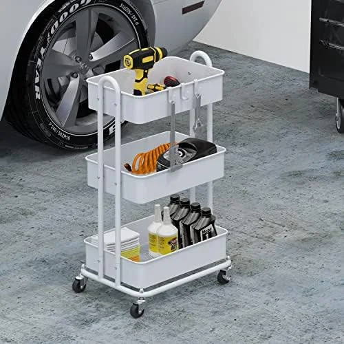 Simple Houseware 3-Tier Heavy Duty Metal Utility Rolling Cart - White