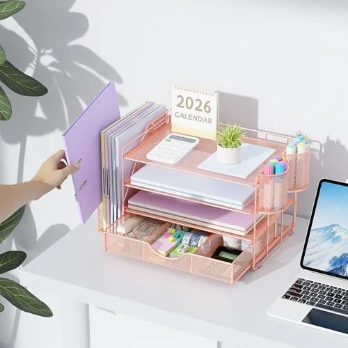 gianotter Desk Organizers and Accessories with File Holder, 4-Tier Desk Accessories & Workspace Organizers with Drawer and 2 Pen Holder, Paper