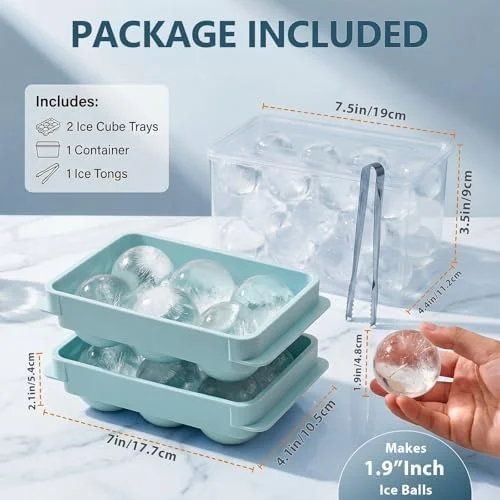 WIBIMEN Large Ice Cube Molds - Big Round Whiskey Ice Cube Trays for Freezer, Easy to Fill & Release, Whiskey Bourbon Cocktail(1.9In*6 Balls- Blue/2