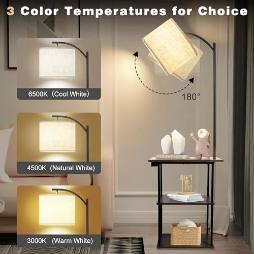 PESRAE Floor Lamp with Table, End Tables with Charging Station(USB & Type-C & AC Port), 3 Color Temperatures 9W LED Bulb, Modern Shelves Side Table