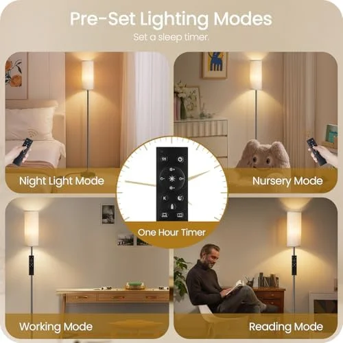64.4” Dimmable Floor Lamp for Living Room with Remote and Foot Switch - Modern Standing Tall Lamp, Corner Floor Lamp for Bedroom, 10W 900LM LED Bulb