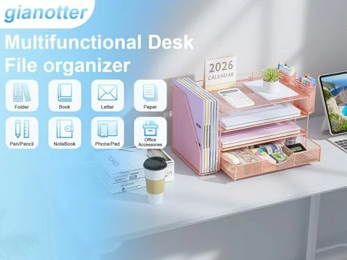gianotter Desk Organizers and Accessories with File Holder, 4-Tier Desk Accessories & Workspace Organizers with Drawer and 2 Pen Holder, Paper