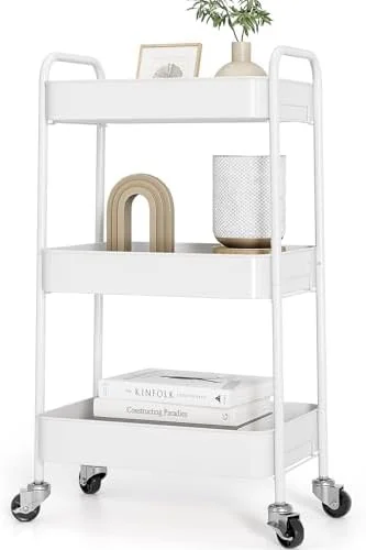 TOOLF 3-Tier Rolling Cart - Metal Utility Storage Organizer with Lockable Wheels, 33 lbs Per Shelf, Tool-Free 5-Min Assembly, for Kitchen Bathroom