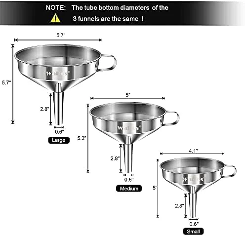 Stainless Steel Funnel, Walfos 3 Pack Kitchen Funnel with 2 Removable Strainer ＆ 1Pcs Cleaning Brush, Perfect for Transferring of Liquid, Oils, Jam