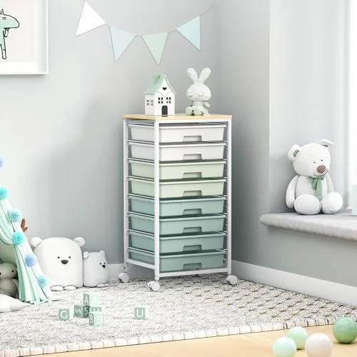 Rolling Storage Utility Cart Organizers with 8 Drawers and Wooden Tabletop for Living Room, Office, Classroom, Craft Room, Bedroom, Dorm, Green