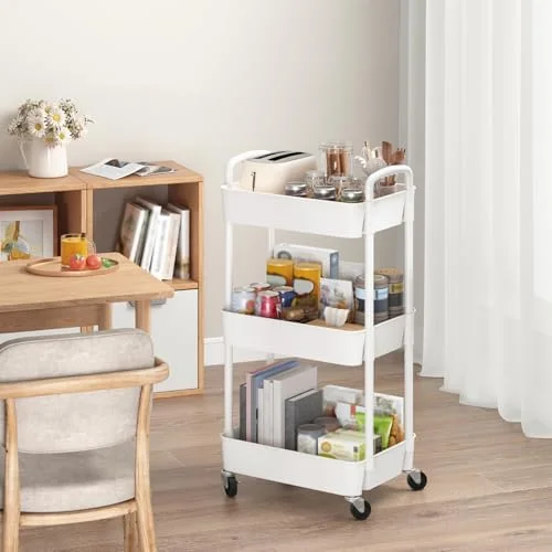 Sywhitta 3-Tier Plastic Rolling Utility Cart with Handle - Multi-Functional Storage Trolley for Office, Living Room, Kitchen, Movable Storage
