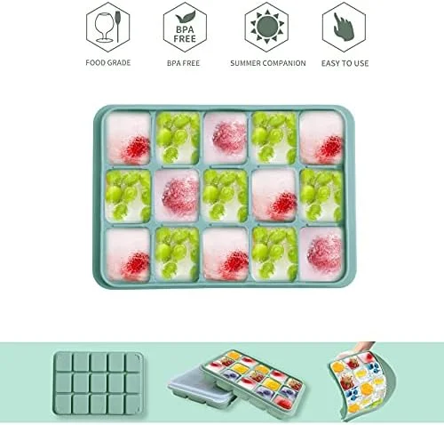 Ice Cube Trays Set of 2, Easy Release 15 Flexible Silicone Ice Cube Molds with Removable Lid Reusable Freezer Ice Trays Stackable for Whiskey, Baby