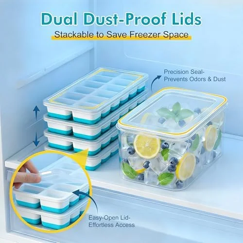 NFK Ice Cube Tray with Lid & Bin - 4 Pack 48 Cubes Stackable Silicone Trays for Freezer with Storage Container, Leak-Proof Lids, BPA-Free, Easy