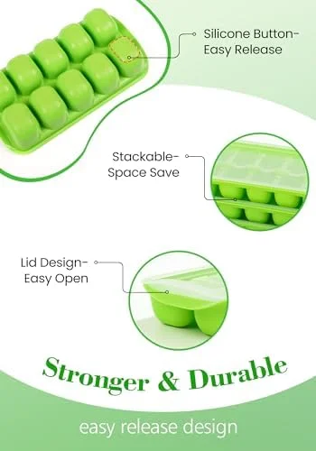 DOQAUS Ice Cube Tray with Lid and Bin - 4 Pack Ice Bucket Kits - Stackable Silicone Ice Trays for Freezer, Easy Pop Out, BPA Free for Cocktail