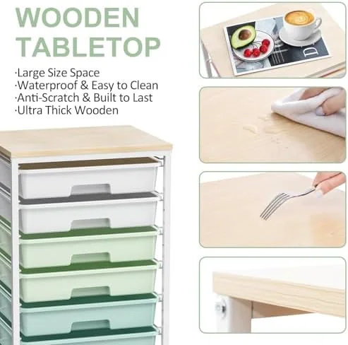 Rolling Storage Utility Cart Organizers with 8 Drawers and Wooden Tabletop for Living Room, Office, Classroom, Craft Room, Bedroom, Dorm, Green