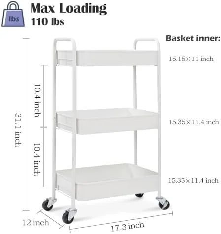 TOOLF 3-Tier Rolling Cart - Metal Utility Storage Organizer with Lockable Wheels, 33 lbs Per Shelf, Tool-Free 5-Min Assembly, for Kitchen Bathroom