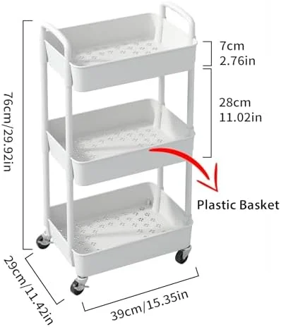 Sywhitta 3-Tier Plastic Rolling Utility Cart with Handle - Multi-Functional Storage Trolley for Office, Living Room, Kitchen, Movable Storage