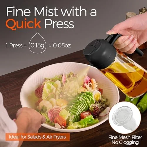 YARRAMATE 16oz/470ml Glass Olive Oil Sprayer for Cooking with Stickers, 2 in 1 Oil Dispenser for Kitchen Gadgets, Food Grade Premium Spray Bottle