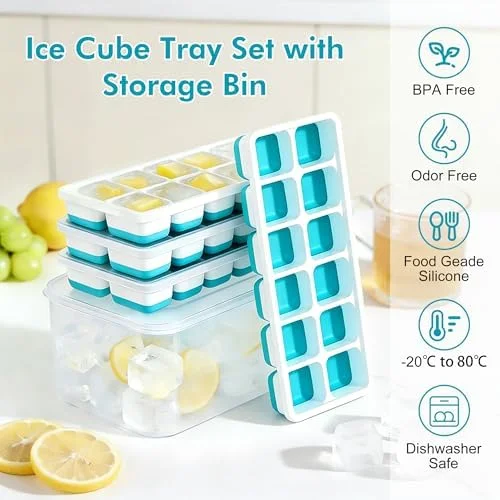 NFK Ice Cube Tray with Lid & Bin - 4 Pack 48 Cubes Stackable Silicone Trays for Freezer with Storage Container, Leak-Proof Lids, BPA-Free, Easy