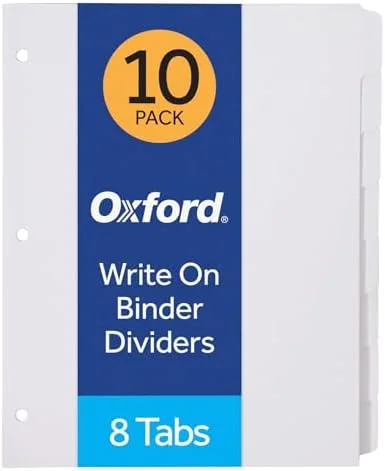 Oxford Binder Dividers for 3 Ring Binders, 10 Pack, 8-Tab Dividers, Write On Tabs, White Paper, 80 Total