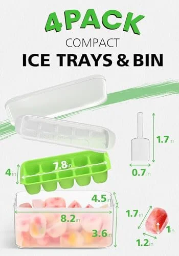 DOQAUS Ice Cube Tray with Lid and Bin - 4 Pack Ice Bucket Kits - Stackable Silicone Ice Trays for Freezer, Easy Pop Out, BPA Free for Cocktail
