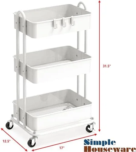 Simple Houseware 3-Tier Heavy Duty Metal Utility Rolling Cart - White