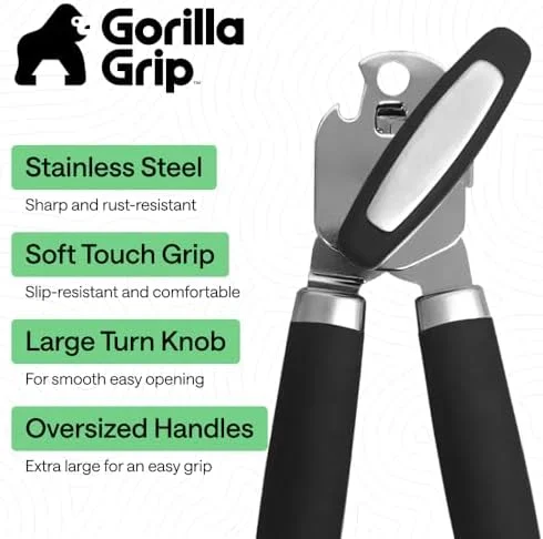 GORILLA GRIP Heavy Duty Stainless Steel Smooth Edge Manual Can Opener and Bottle Openers - US Designed, Comfortable Handle, Oversized Handheld Turn