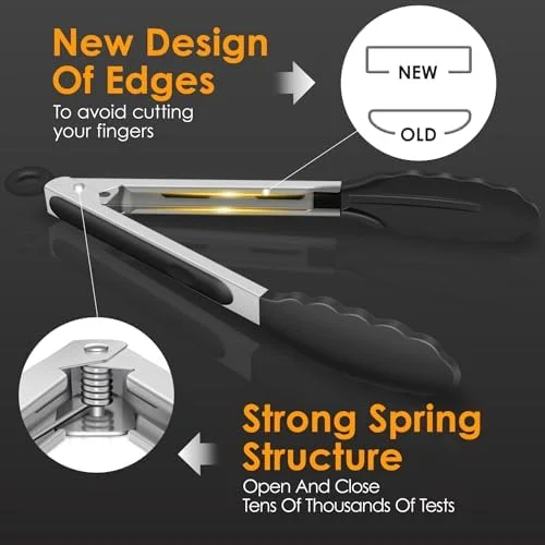 HOTEC Premium Stainless Steel Locking Kitchen Tongs with Silicon Tips - Set of 2-9" and 12"