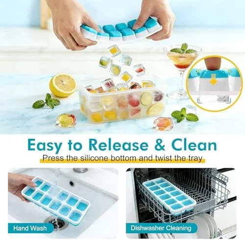 NFK Ice Cube Tray with Lid & Bin - 4 Pack 48 Cubes Stackable Silicone Trays for Freezer with Storage Container, Leak-Proof Lids, BPA-Free, Easy