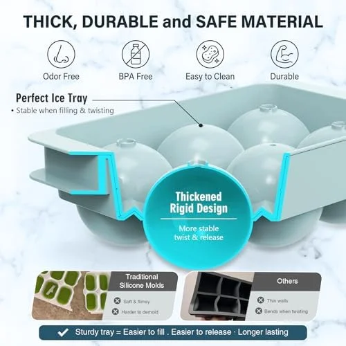 WIBIMEN Large Ice Cube Molds - Big Round Whiskey Ice Cube Trays for Freezer, Easy to Fill & Release, Whiskey Bourbon Cocktail(1.9In*6 Balls- Blue/2